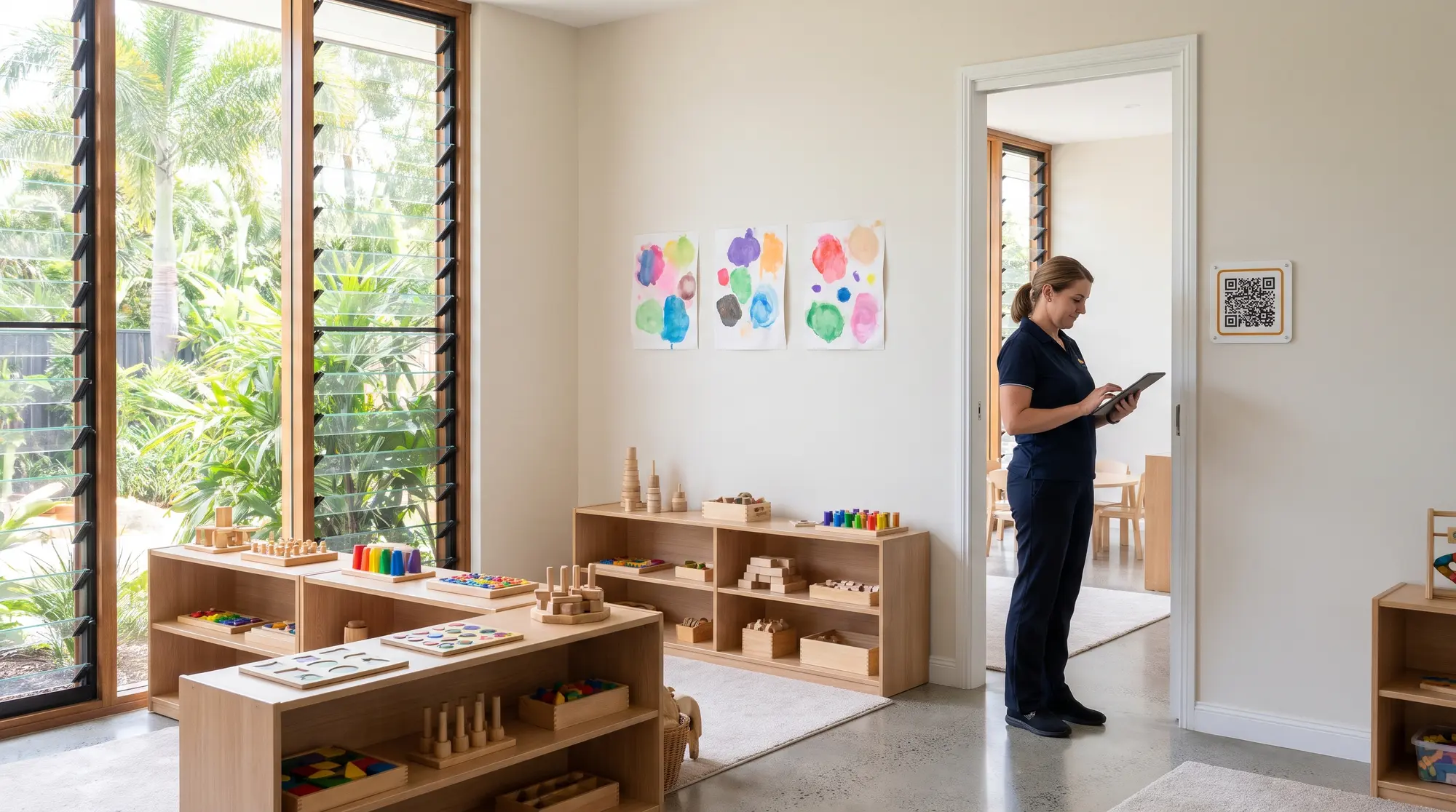 Centre director with a tablet in an early learning playroom