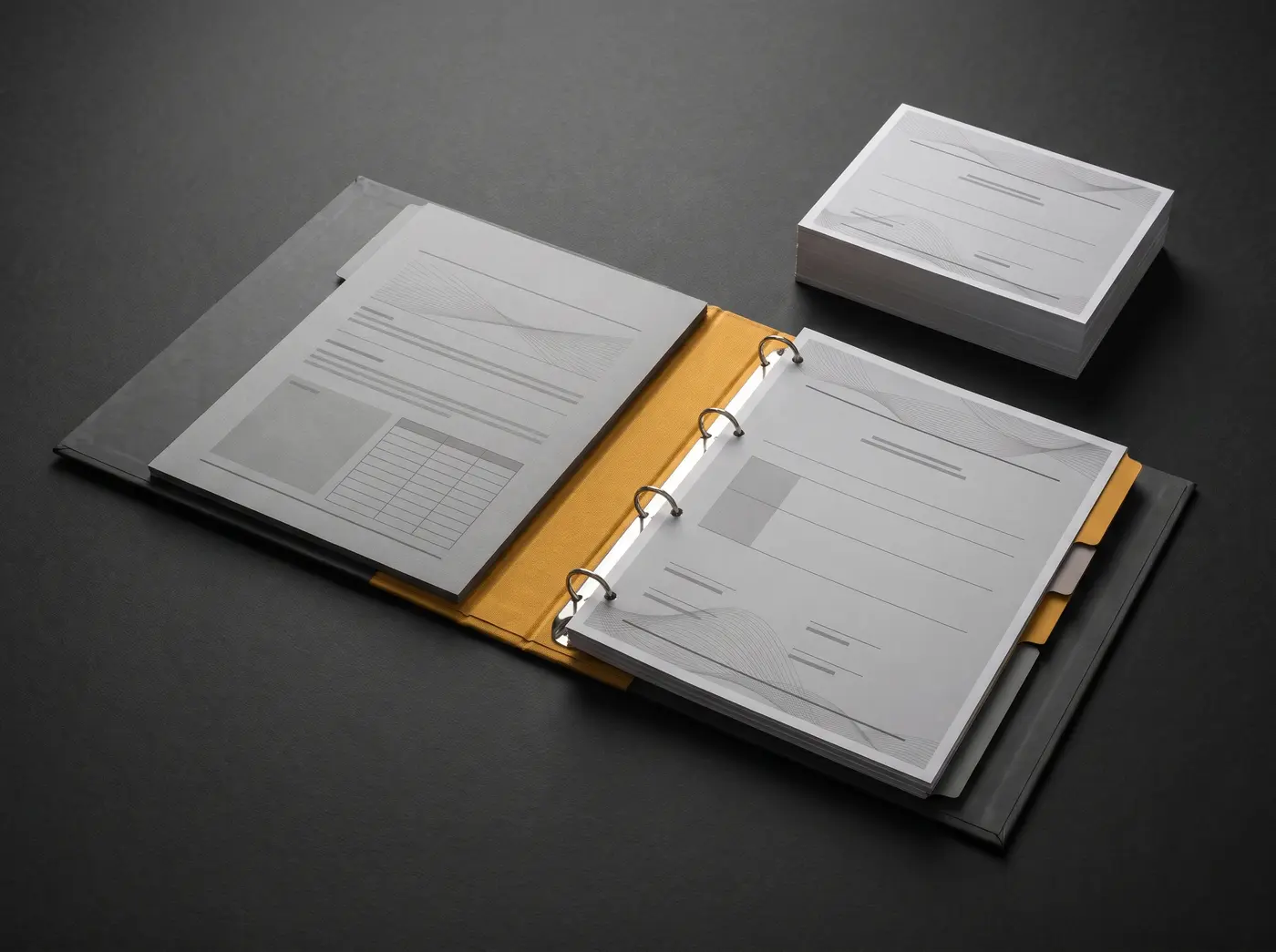 Printed compliance pack in a charcoal folder with amber spine