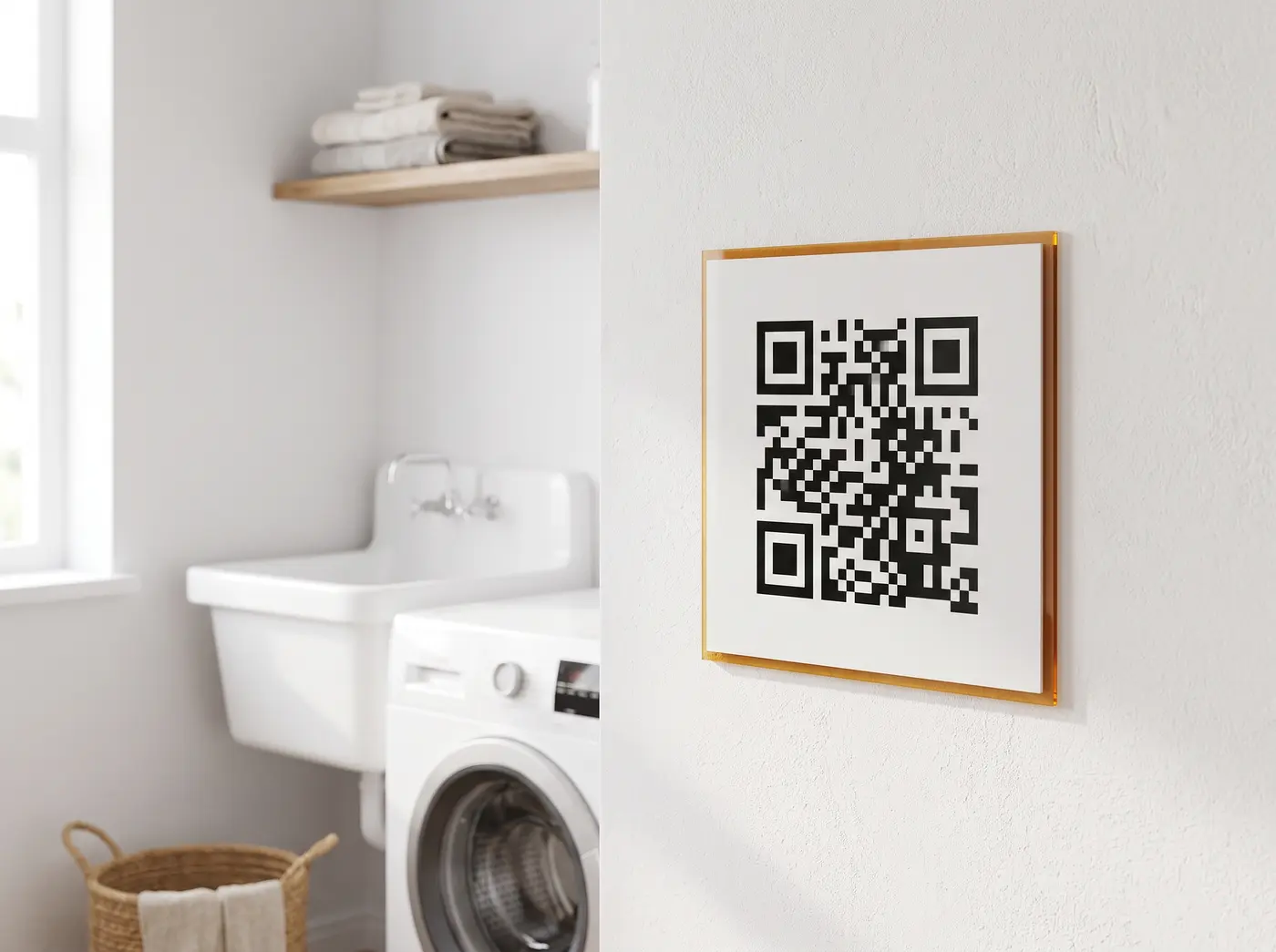 QR sighting sign on the wall of a rental apartment laundry