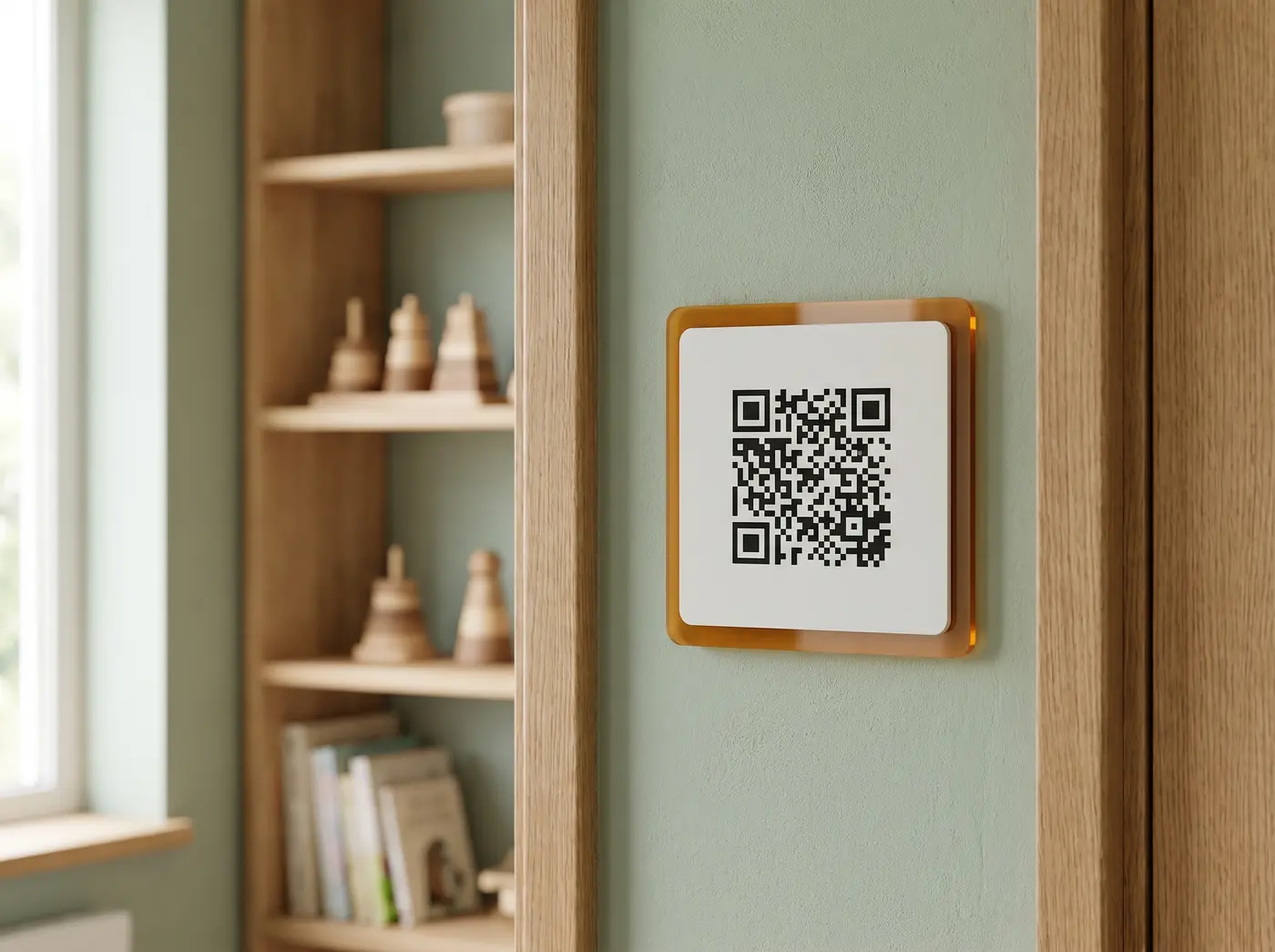 QR sighting sign beside a door in an early learning room